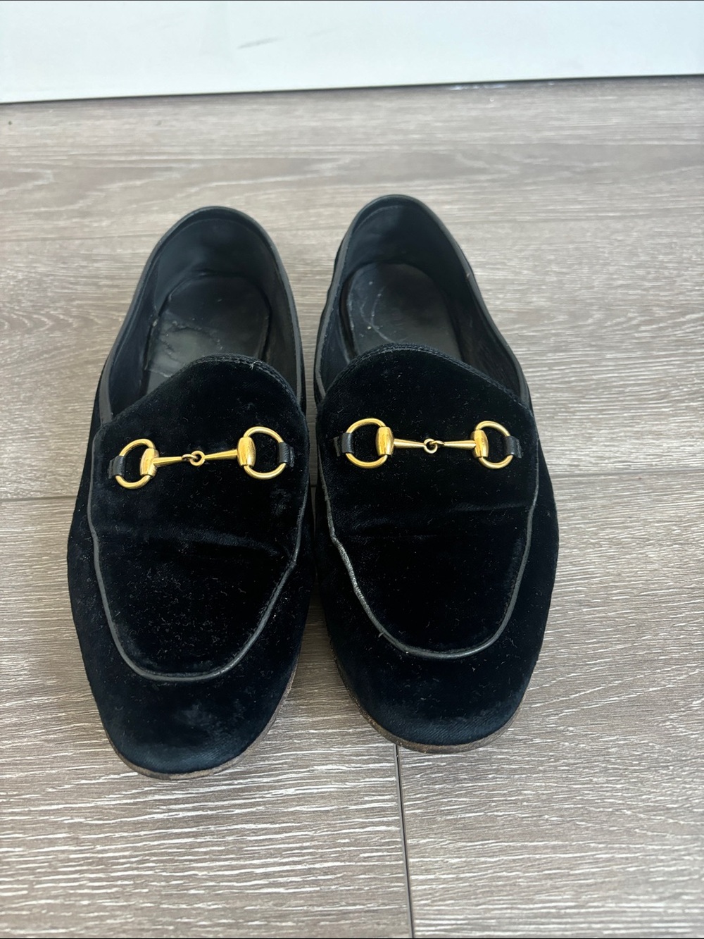 Gucci Womenโs Black Suede Loafers